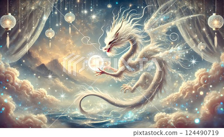 A dragon holding a crystal and a cloudy sky A dragon holding a crystal and a cloudy sky 124490719