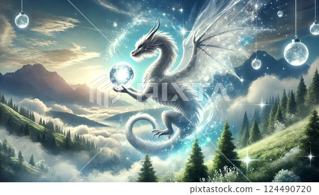 龍拿著水晶和冉冉升起的太陽 龍拿著水晶和冉冉升起的太陽 124490720