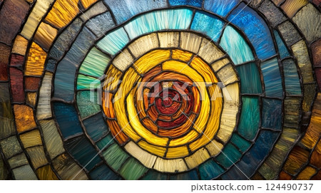 Colorful stained glass spiral pattern with vibrant hues, abstract art concept 124490737