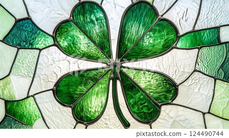 Stained glass clover leaf with detailed texture, symbol of luck and nature, artistic decoration 124490744
