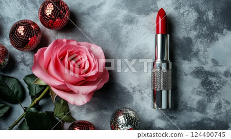 Pink rose and red lipstick with glittery disco balls on gray background, beauty and glamour concept 124490745