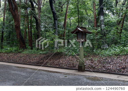 Traditional wooden lantern stands along a pathway in the forested grounds of Meiji Shrine, Tokyo Traditional wooden lantern stands along a pathway in the forested grounds of Meiji Shrine, Tokyo 124490760