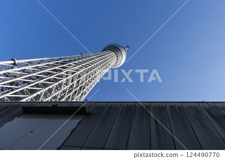Tokyo Skytree from below, showcasing its steel framework and observation deck 124490770