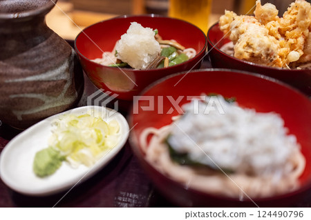 Japanese soba noodle set with various ingredients 124490796