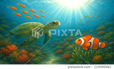 Friends of the Sea | Sea turtle and clownfish meet (realistic underwater illustration) 124490862