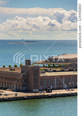 Islands near the West terminal 2 in Port of Helsinki harbor, Finland, sunny summer day 124490863