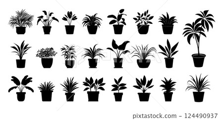 Potted plants black silhouettes. Isolated plant in pot, home decorative garden elements. Planting hobby, house office public space decorations vector set 124490937