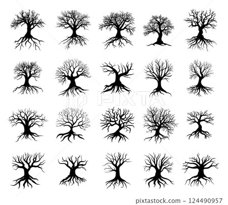 Dry tree black silhouettes. Bare trees with root system isolated on white. Halloween autumn nature elements, seasonal forest vector clipart 124490957