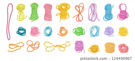 Colorful ropes and strings. Coiled rope, tied, knot. Skein of knitting crochet thread, thick yarn. Woolen cartoon elements for handicrafts, vector set Colorful ropes and strings. Coiled rope, tied, knot. Skein of knitting crochet thread, thick yarn. Woolen cartoon elements for handicrafts, vector set 124490967