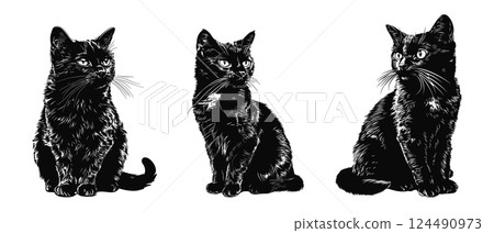 Black cats. Isolated sitting cat, dark kittens in different poses. Graphic drawing style pets, fluffy animals. Decorative stickers, vector elements 124490973