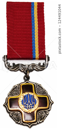 Kiev, Ukraine August 8, 2021: Obverse part of the Order of Merit, 3rd class 124491044