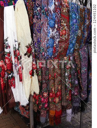 Kiev, Ukraine November 15, 2019: Sale of national Ukrainian clothes on a city street 124491102
