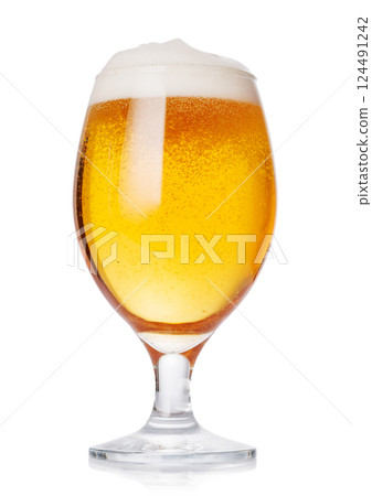 A glass of beer with a golden hue and frothy head, isolated on a clean white background A glass of beer with a golden hue and frothy head, isolated on a clean white background 124491242