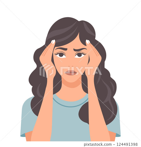 Young woman suffering from headache, migraine, stress. Flat style illustration. Young woman suffering from headache, migraine, stress. Flat style illustration. 124491398