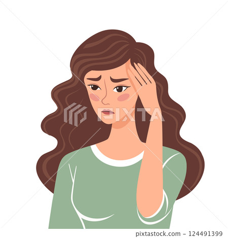 Young woman suffering from headache, migraine, stress. Flat style illustration. Young woman suffering from headache, migraine, stress. Flat style illustration. 124491399