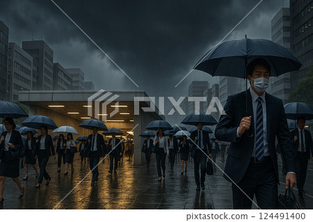 A businessman commuting in bad weather A businessman commuting in bad weather 124491400