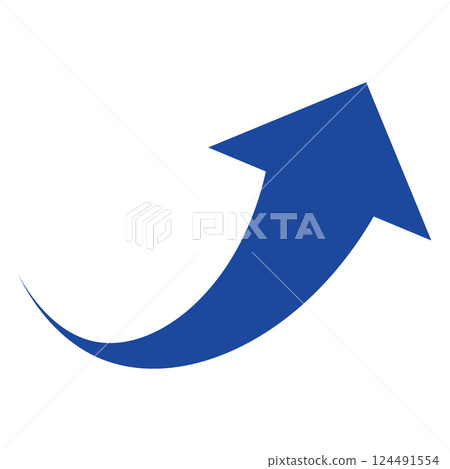 Illustration of a simple blue arrow rising to the right on a white background 124491554