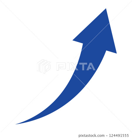 Illustration of a simple blue arrow rising to the right on a white background 124491555