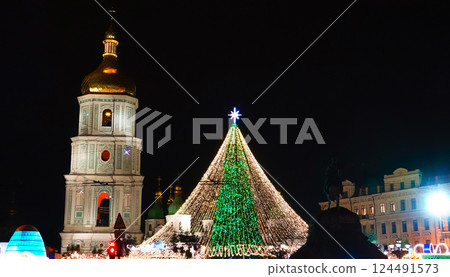 Central Christmas tree on the square of the city of Kiev for the New Year 2021 Central Christmas tree on the square of the city of Kiev for the New Year 2021 124491573
