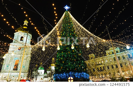 Central Christmas tree on the square of the city of Kiev for the New Year 2021 Central Christmas tree on the square of the city of Kiev for the New Year 2021 124491575