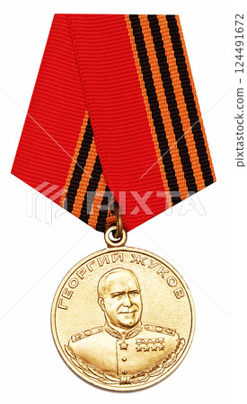 Kiev, Ukraine August 8, 2021: The front part of the medal "Zhukov" Kiev, Ukraine August 8, 2021: The front part of the medal "Zhukov" 124491672