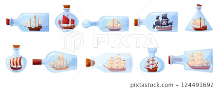 Sailboats in bottles. Vintage wooden ships inside glass bottle. Miniature models of vessels for interior, souvenir or decorations nowaday vector set 124491692