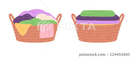 Messy and clean clothes. Laundry basket with clothes for washing and folded stacks after. Home cleaning time, washed textile, household racy vector set Messy and clean clothes. Laundry basket with clothes for washing and folded stacks after. Home cleaning time, washed textile, household racy vector set 124491695