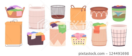 Cartoon baskets for laundry. Empty and full basket, fabric, plastic, woven rattan and rope containers for bathroom. Home bins for dirty clothes, racy vector set 124491698