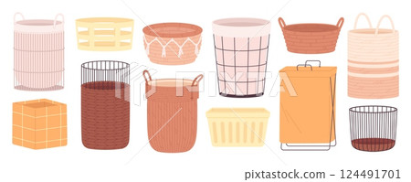 Laundry flat baskets. Plastic metal basket, woven jute and rattan bins for clothes. Dirty clothes different containers, bathroom bin racy vector set 124491701