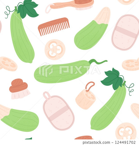 Loofah seamless pattern. Skincare bath accessories, organic natural comb sponge and brush. Eco friendly print for fabric wallpaper, racy vector background 124491702
