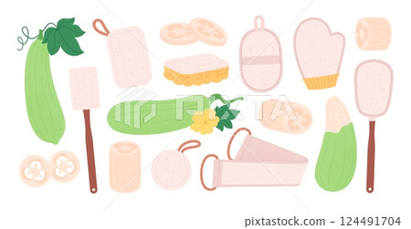 Loofah elements. Bath accessories natural organic material. Eco friendly sponge and brush for body, skincare scrub tools, racy flat vector set Loofah elements. Bath accessories natural organic material. Eco friendly sponge and brush for body, skincare scrub tools, racy flat vector set 124491704