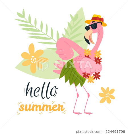 Flamingo print. Dancing pink flamingo and tropical tree leaves. Bright positive poster with exotic bird. Clothes sticker design, classy vector background Flamingo print. Dancing pink flamingo and tropical tree leaves. Bright positive poster with exotic bird. Clothes sticker design, classy vector background 124491706