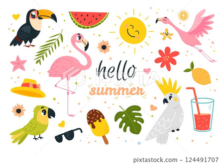 Flamingo summer elements. Tropical birds, flamingos toucan parrot. Seasonal vacation accessories, ice cream sunglasses cocktail, classy vector clipart Flamingo summer elements. Tropical birds, flamingos toucan parrot. Seasonal vacation accessories, ice cream sunglasses cocktail, classy vector clipart 124491707