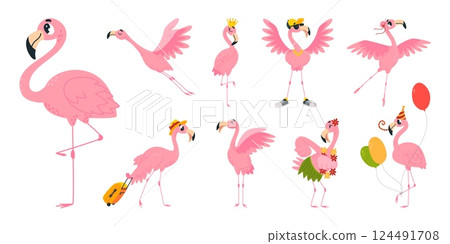 Cute pink flamingo. Summer funny flamingos, exotic birds in different poses. Tropical bird with suitcase, with balloons, dancing and flying, classy vector characters 124491708
