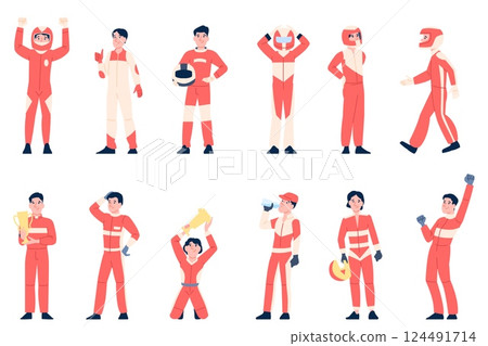 Flat racer characters. Racing drivers in uniform standing with golden cup. Sportsmen in different poses, racing cars rally pilots, recent vector set 124491714