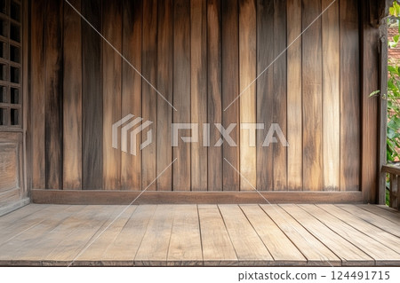 Minimalist wooden interior with natural sunlight and warm shadows, creating a cozy and serene ambiance Minimalist wooden interior with natural sunlight and warm shadows, creating a cozy and serene ambiance 124491715