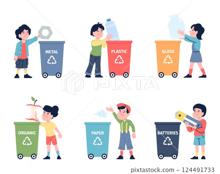 Kids sorting garbage. Children studying how collect and separate waste. Throw out trash in right container for plastic glass organic, recent vector set 124491733