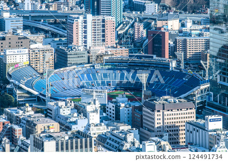 Yokohama cityscape in Japan, overlooking Yokohama Stadium, the base gate in front of Kannai Station, Yokohama Kannai Tower, etc. (March 2025) 124491734