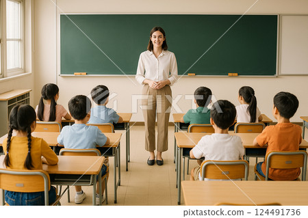 Female teacher speaking to children in classroom 124491736