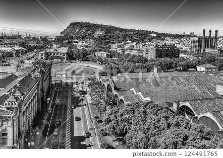 Aerial view with Montjuic mountain in background, Barcelona, Catalonia, Spain Aerial view with Montjuic mountain in background, Barcelona, Catalonia, Spain 124491765
