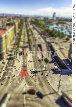 Aerial view of Passeig de Colom, Barcelona, Catalonia, Spain Aerial view of Passeig de Colom, Barcelona, Catalonia, Spain 124491767
