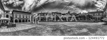 Panoramic view of Plaza Mayor, Poble Espanyol, Barcelona, Catalonia, Spain 124491772
