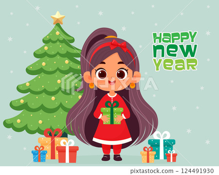 happy new year postcard with christmas tree and cute girl with presents flat vector illustration 124491930