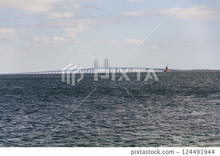 Oresund bridge seen from Amager beach park, Copenhagen, Denmark, sunny day Oresund bridge seen from Amager beach park, Copenhagen, Denmark, sunny day 124491944