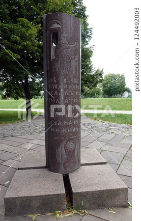 Monument marble pillar on the site of the Tithe Church with text in Old Church Slavonic Monument marble pillar on the site of the Tithe Church with text in Old Church Slavonic 124492003