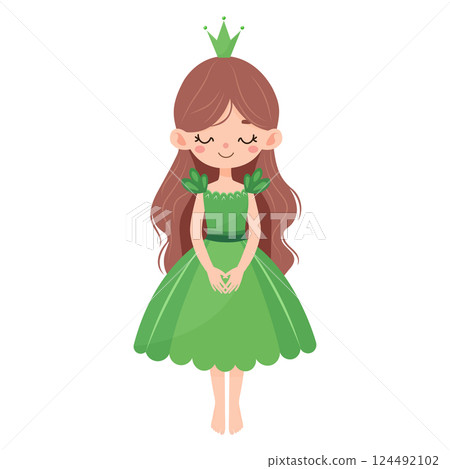 cute cartoon princess in green dress isolated on white background 124492102