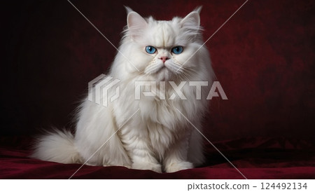 White Persian Cat With Blue Eyes Against Red Background 124492134