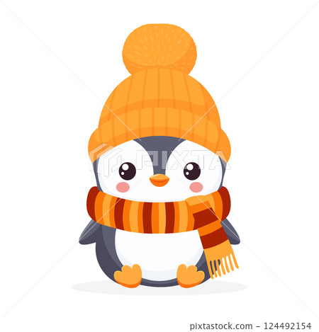 cute baby penguin in autumn scarf and cap isolated on white background flat illustration cute baby penguin in autumn scarf and cap isolated on white background flat illustration 124492154