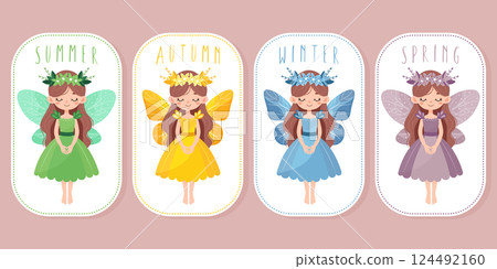 set of fairy stickers of different seasons of the year flat illustration 124492160