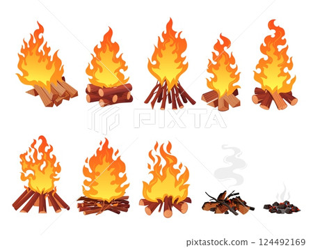Wood campfire set. Camping fire firewood, signal bonfire on beach outdoor fireplace with burn coal or wooden log extinguished flame cartoon campfires, tidy vector illustration 124492169